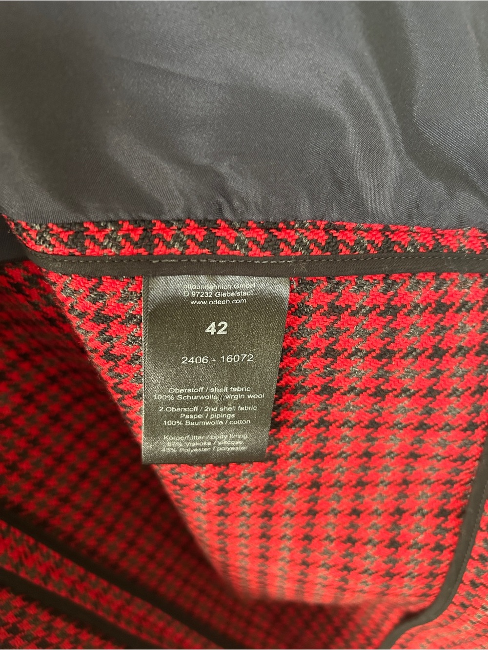 Odeeh red Houndstooth Virgin Wool jacket blazer with cute lining size 12 / 42 - Picture 5 of 8